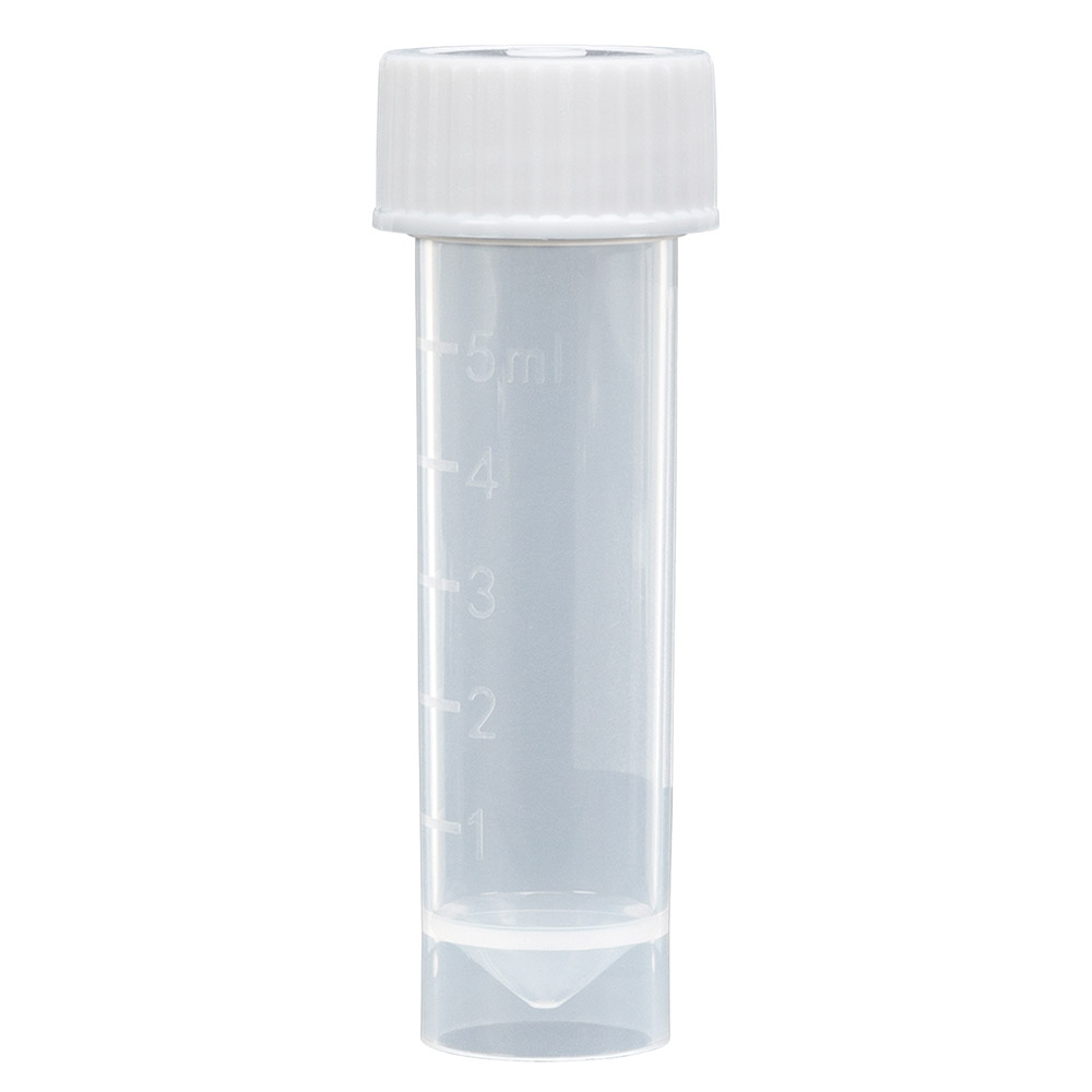 Globe Scientific Transport Tube, 5mL, with Attached White Screw Cap, PP, Conical Bottom, Self-Standing, Molded Graduations Image